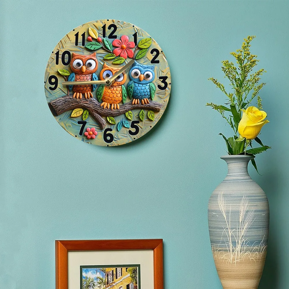 Wooden wall clock with cute owl patterns, perfect for home decor. Requires AA batteries 6