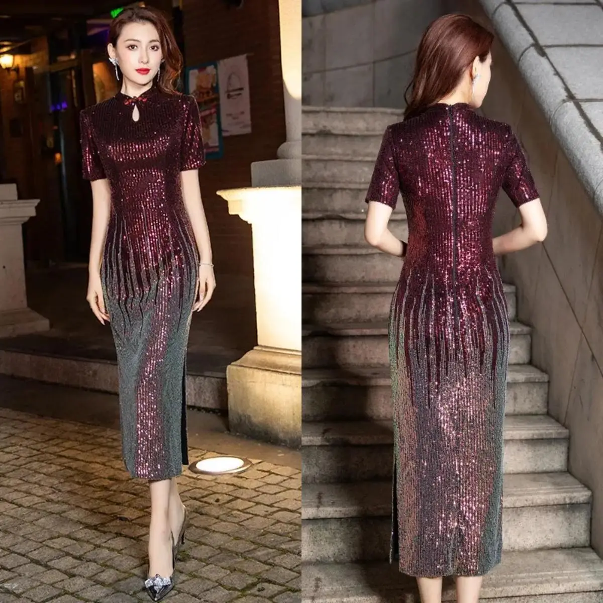 

Evening Dress Burgundy Sequins Gradient High Collar Short Sleeves Mermaid Trumpet Tea-length Plus size Women Party Formal Gown