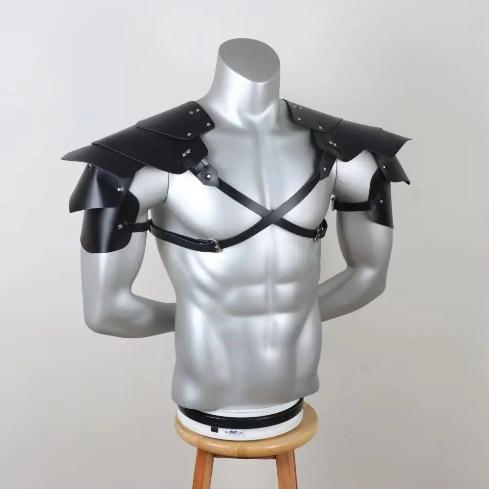 Black PU Leather Gothic Double Shoulder Armor Guards - Medieval Viking LARP Battlegear