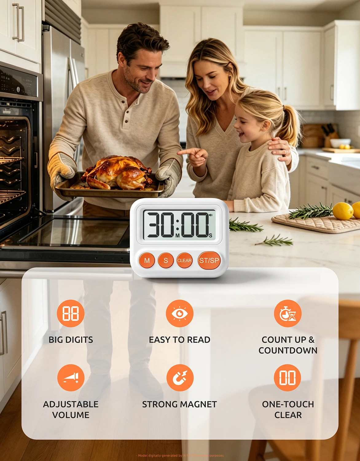 Enhanced Digital Kitchen Timer with Magnetic Backing, Large LCD Display, Adjustable Volume, Stopwatch, and Countdown/Count Up Features for Cooking, Baking, and Study