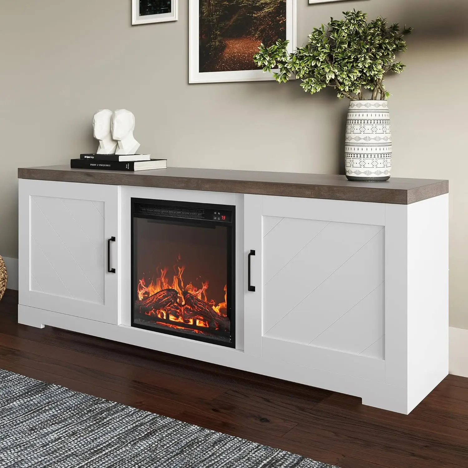 Modern 58" Farmhouse TV Stand with 18" Electric Fireplace Heater & Media Entertainment Center for TV up to 65" Console Table 3
