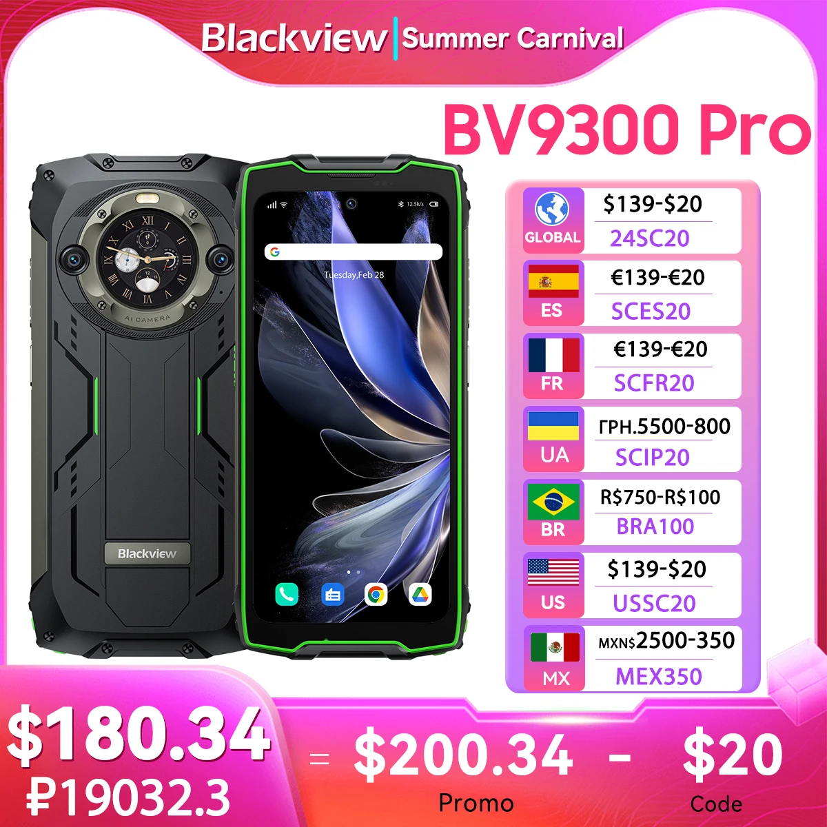 Blackview BV9300 Menő Göröngyös telefont helio G99 6.7'' 120hz kijelző 12GB 256GB smartphone vel Viadal Eltakar 15080mah, 64MP Mobiltelefon