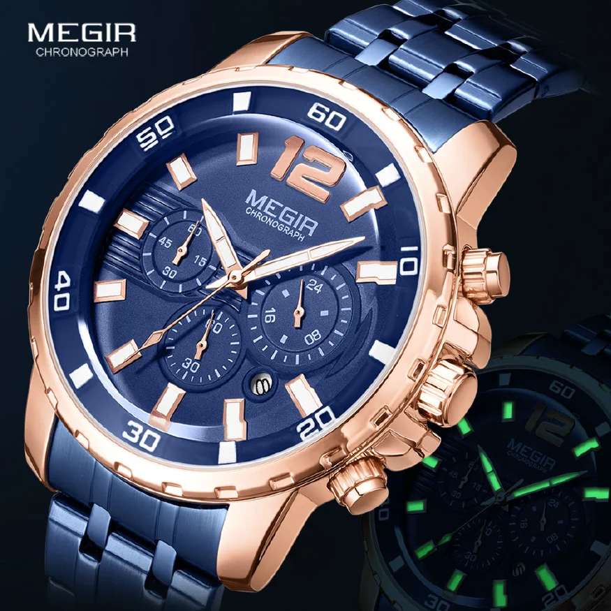 

MEGIR 2023 New Watches Men Stainless Steel Strap Blue Watch For Man Luxury Waterproof Chronograph Wristwatch Luminous Relogio