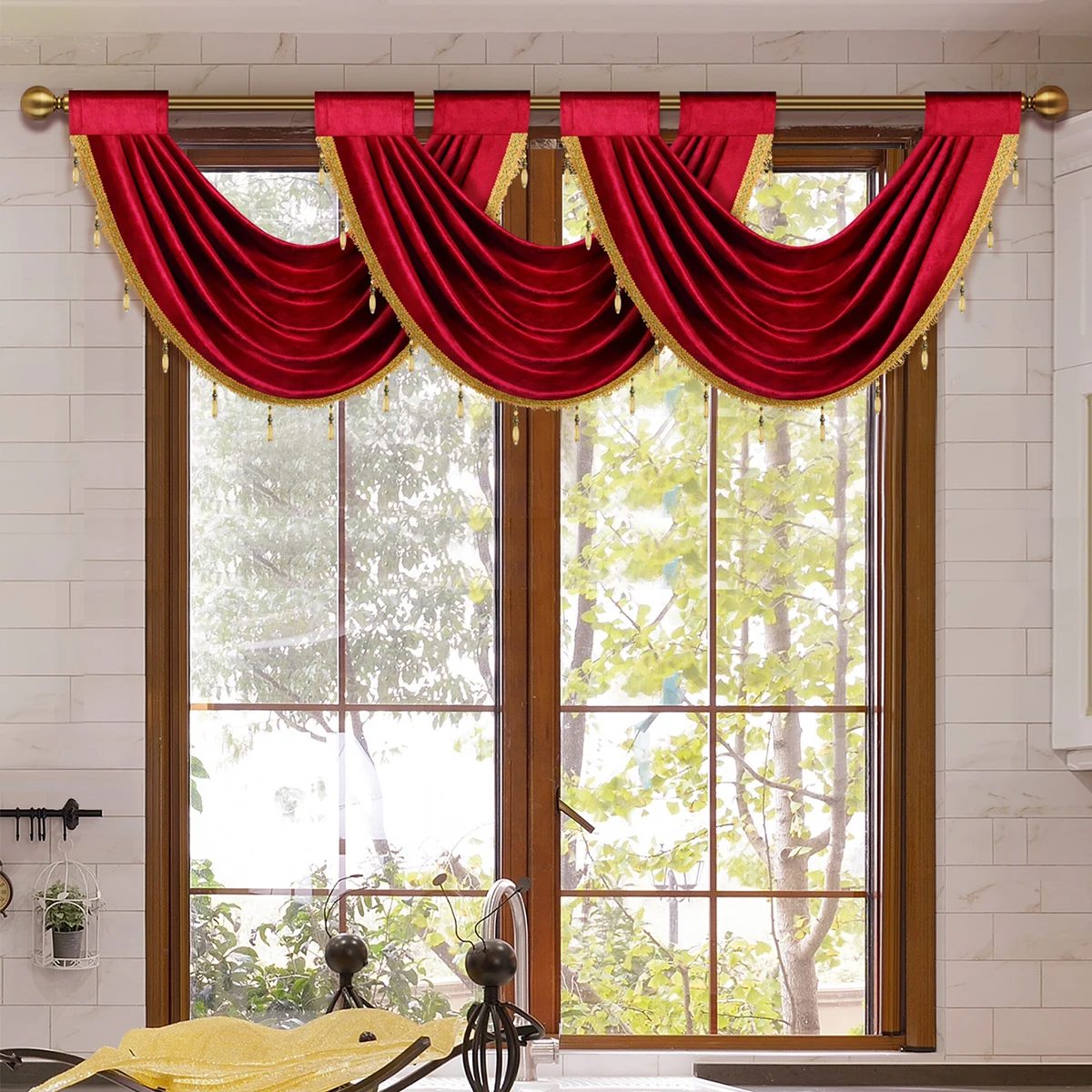 Mantovana per tende in stile europeo di lusso 1pc per soggiorno, tasca per asta, mantovana Morden in puro colore con perline, decorazioni per finestre e porte  15
