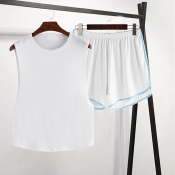 여름 남성 잠옷 세트 민소매 O 목 탱크 탑 탄성 반바지 단색 패션 Homewear 캐주얼 섹시한 잠옷 세트 S-5XL