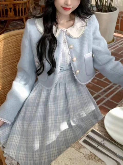 French Vintage Blue Plaid Dress Women Lace Kawaii Elegant Party Mini Dress  Female Bow Korean Style Sweet Strap Dress Autumn 2022