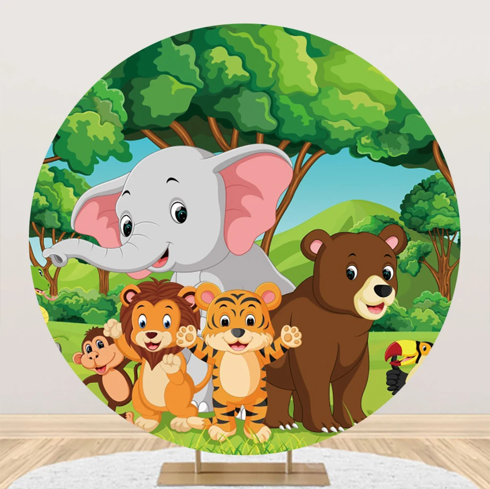 

Laeacco Cartoon Safari Animals Round Backdrop Fauna Jungle Wildlife Zoo Themed Kids Birthday Customized Photography Background