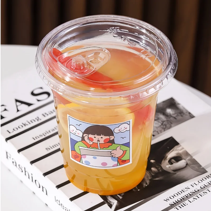 10PCS 520ml Plastic Disposable Cups with Lids Straws Leak Proof Paper Stickers for Cold Drinks Milk Tea Coffee Beer Party Drinkware plastic cups