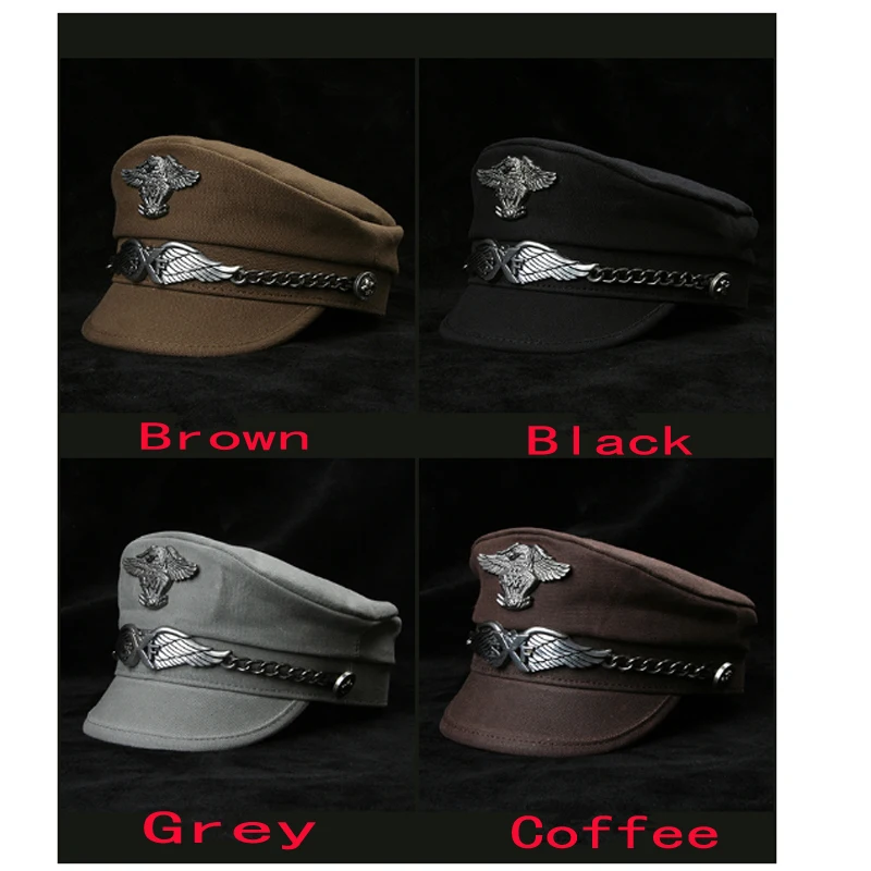 Autumn Navy Peaked Sailor Cap Men Women Beret Hat Male Canvas Grey Eagle Belt Locomotive German Captain Casquette