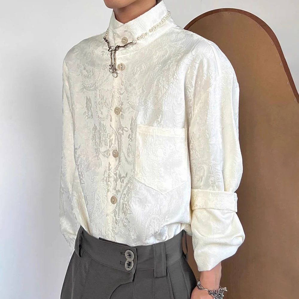 

Мужская осенне-зимняя жаккардовая рубашка в китайском стиле ретро модная однотонная Свободная рубашка с воротником-стойкой и длинными рукавами Genderless