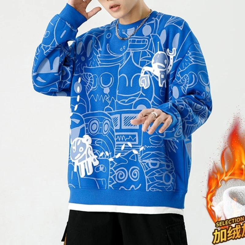 Men's 2024 Autumn and Winter New Pullover Round Neck Panel Printed Fashion Casual Loose Versatile Long Sleeved Sweatshirts