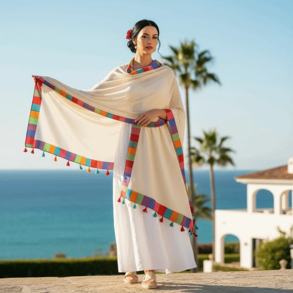Sciarpa in Pashmina con Frange e Bordo Arcobaleno, in Lino, Color Block, Leggera, da Spiaggia, con Nappe, Traspirante, Protezione Solare, Sarong Donna - immagine 4