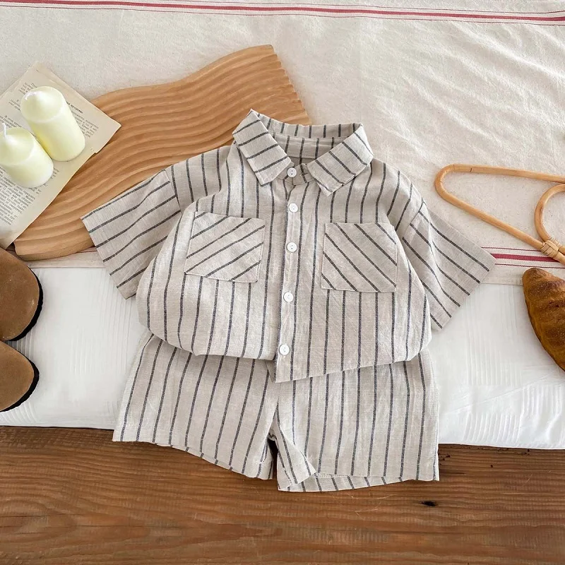 Summer Children's Set Vintage Stripe Boys Short sleeved Shirt Shorts Set Solid Color Polo Collar Cardigan Top Baby Clothes