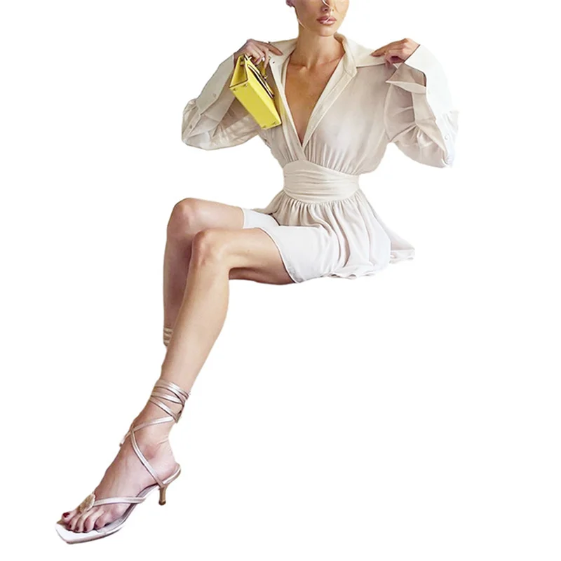 Vestido elegante de verano para mujer, sexy, de manga larga, con cuello vuelto, corte A, minivestido plisado, para fiesta de noche.