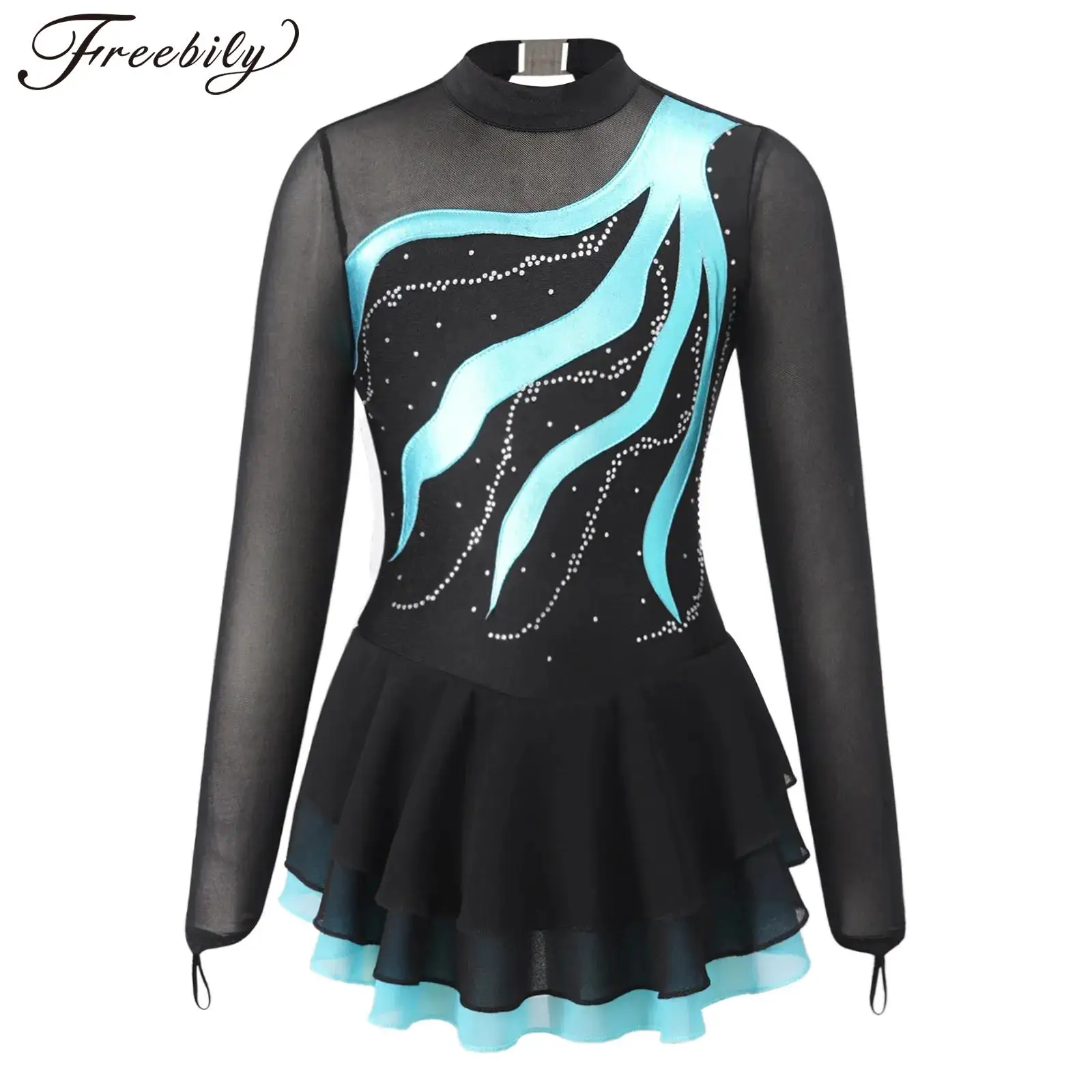 

Teens Figure Skating Dress Kids Girls Long Sleeve Rhinestone Patchwork Gymnastics Leotard Ballet Dress for Dancing Competition