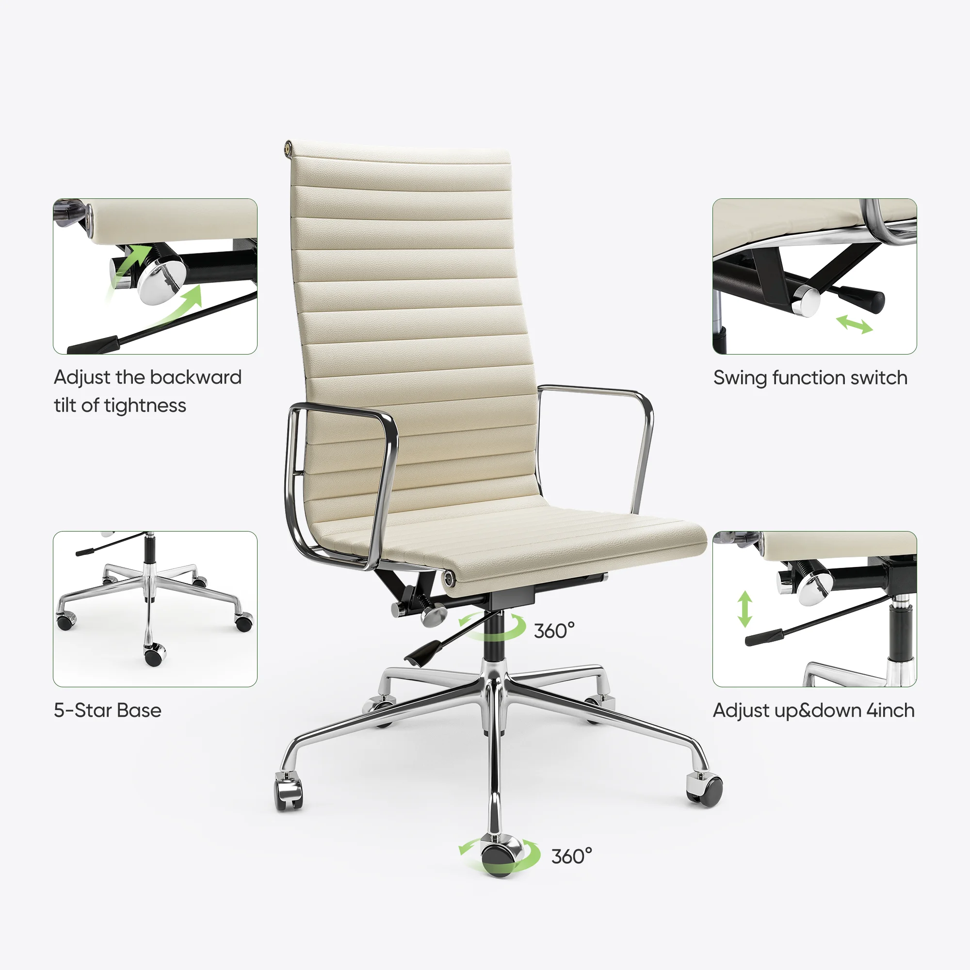 Ribbed Office Chair Meeting Chairs Mid Back Top Black Grain Leather Desk Chair Swivel Chair Adjustable Ergonomic Computer Chairs 6