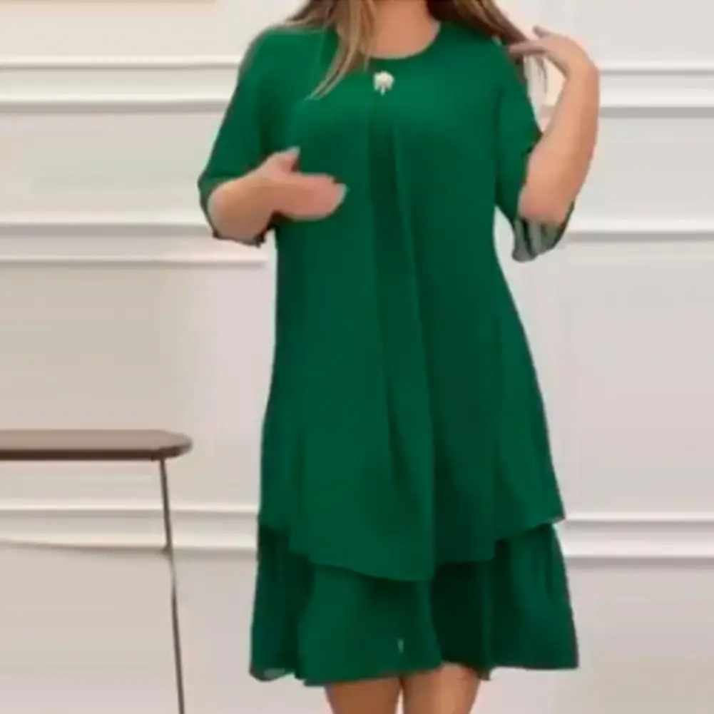 

Loose Fit Dress Elegant Plus Size Midi Dress with Tummy-hiding Design Soft Breathable Fabric Stylish Double-layers for Summer