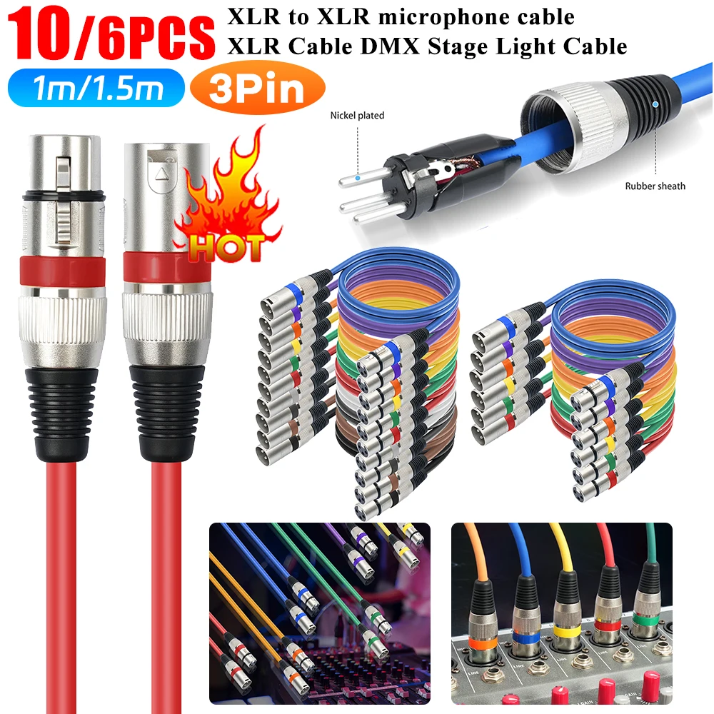 6pcs 1.5M/5ft XLR Cable DMX Stage Light Cable 3Pin XLR Male to Female for Moving Head Light Spotlight Par Light Microphone Mixer