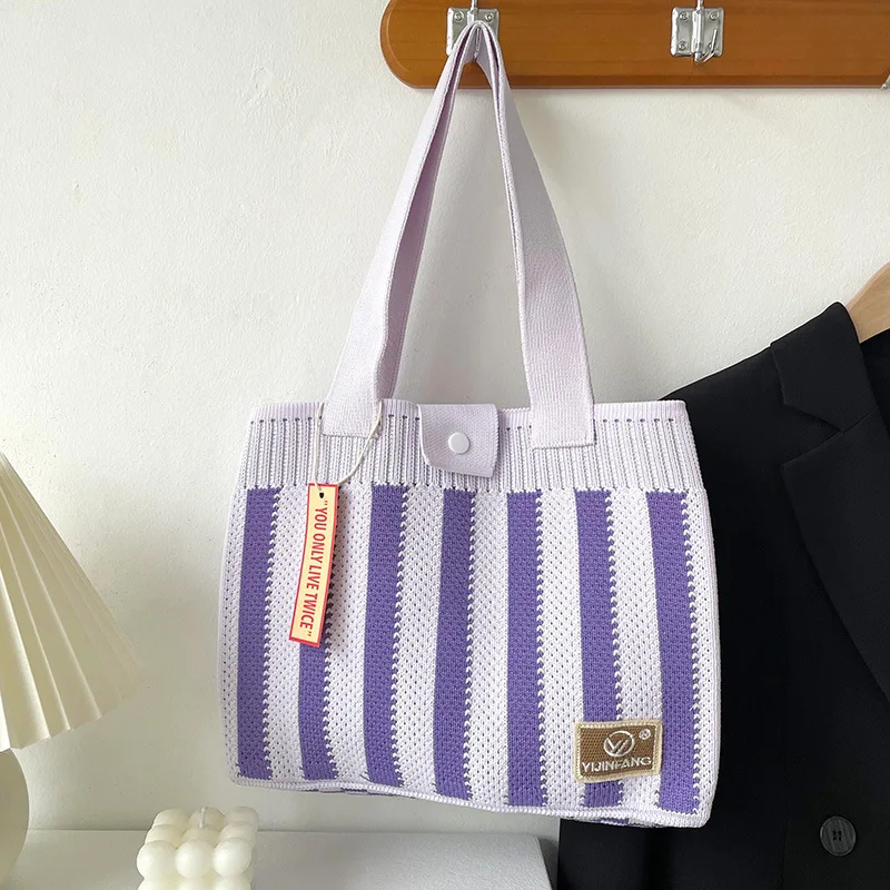 Vintage Knitted Stylish Striped Handbag Medium Size Top-Handle Tote Bag Japanese Korean Harajuku Crochet Square Shopper Hand Bag