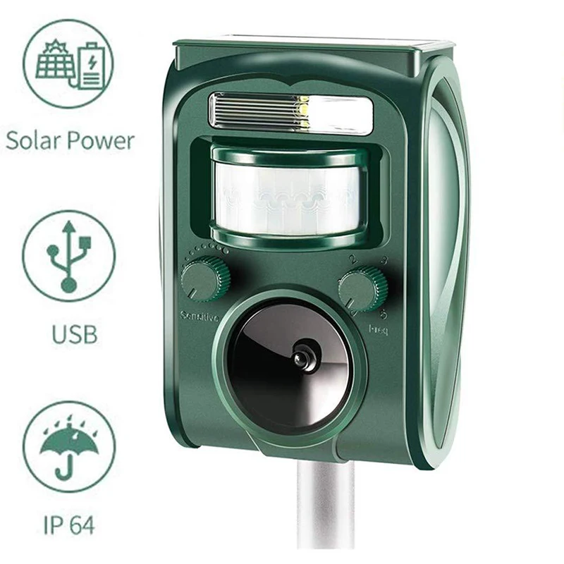 Animal Repeller Solar Powered Outdoor Ultrasonic Repellent PIR Sensor Garden Pest Mouse Bird Bat Repellent Keep Animals Away
