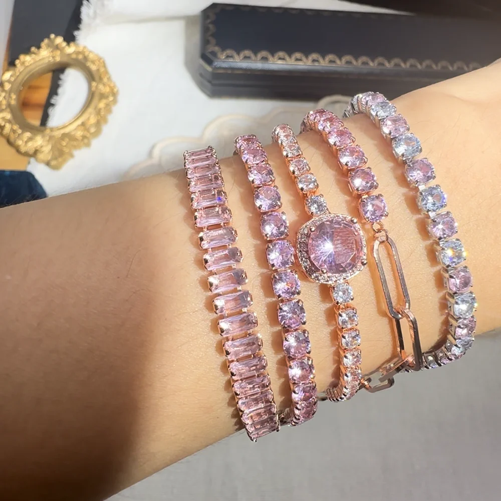 Super Pink|luxury Pink Cubic Zirconia Tennis Bracelet For