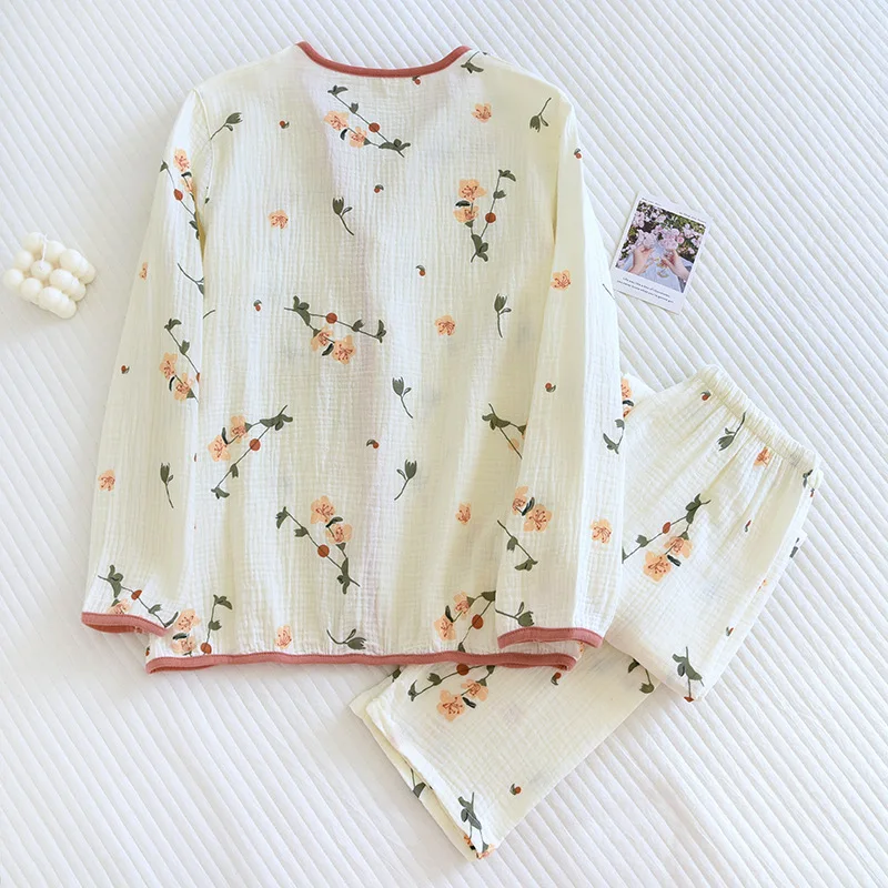 New Sleepwear Gauze Cotton Pajamas For Women Floral Long Sleeve Loungewear 2023 Spring Fashion Home Clothing Homewear