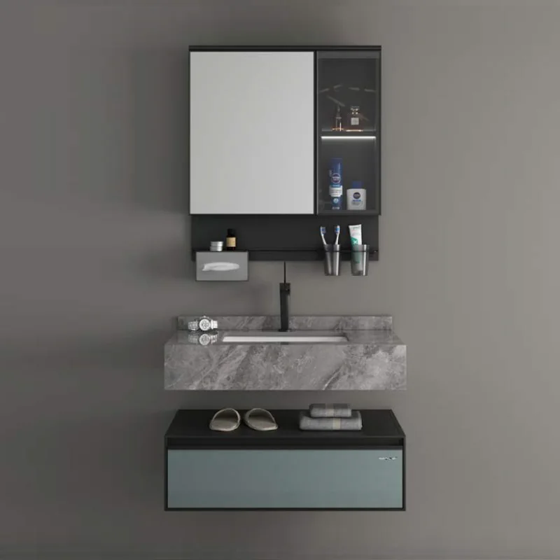 Cocobella Modern Gray Wall Mount Bathroom Vanity Hotel Aluminum Whole Plate Washroom Storage Cabinet Marble Floating Vanity