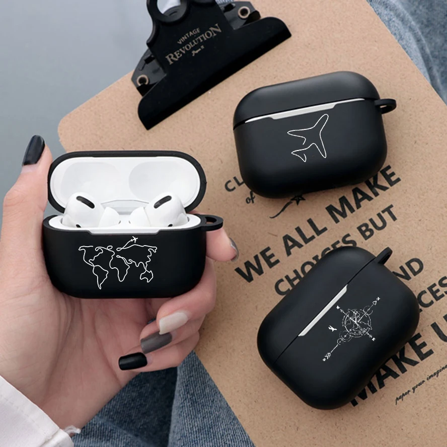 Custodia Airpod Design Mappa Di Viaggio 3 Per 2 1 Pro Gen Air Pod Pro Cover Scatola Auricolare Nera Aeroplano Coque