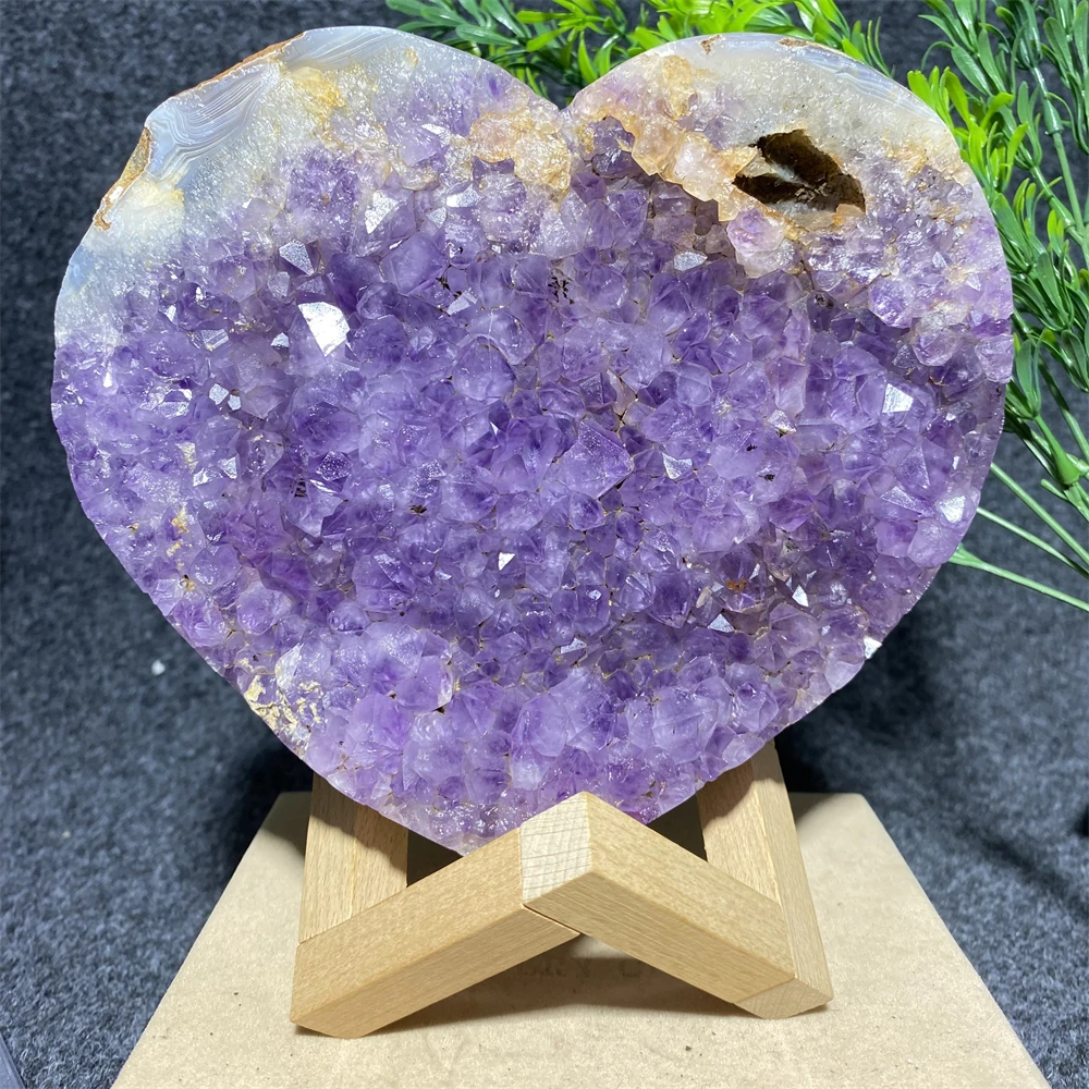 

Amethyst Heart Natural Stones Crystals Agate Geode Minerals Specimen Spiritual Reiki Wicca Living Ornaments Home Decoation+Stand