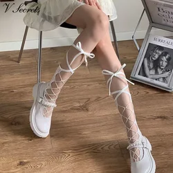 Sexy Women Stockings Bandage Cross Ribbon Knee Socks Anti-Snagging Party Fish Net 2 Wearing Ways Stocking Fishnet Pantyhose