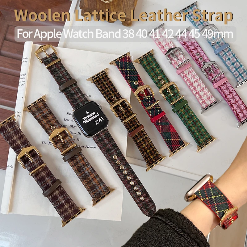 

Woolen Lattice Leather Strap for Apple Watch 44mm Band SE 4 5 6 40mm 38/42 Women Bracelet for IWatch Series 7 8 9 41/45mm Ultra2