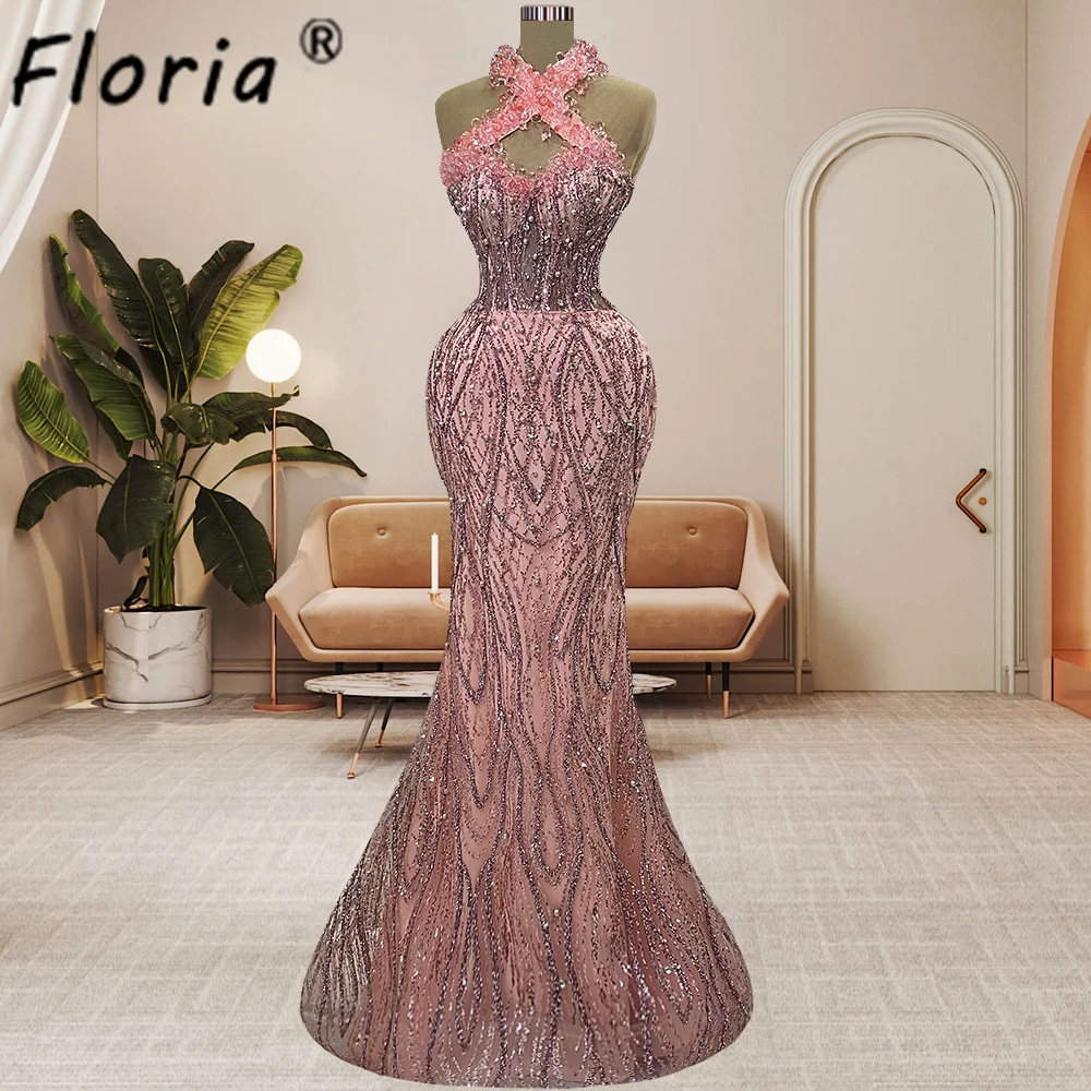 

Блестящие Выпускные платья с блестками и кристаллами, Русалка, воротник-хомут, украшенный бисером, модное женское платье без рукавов, длинное вечернее платье, коктейльное платье