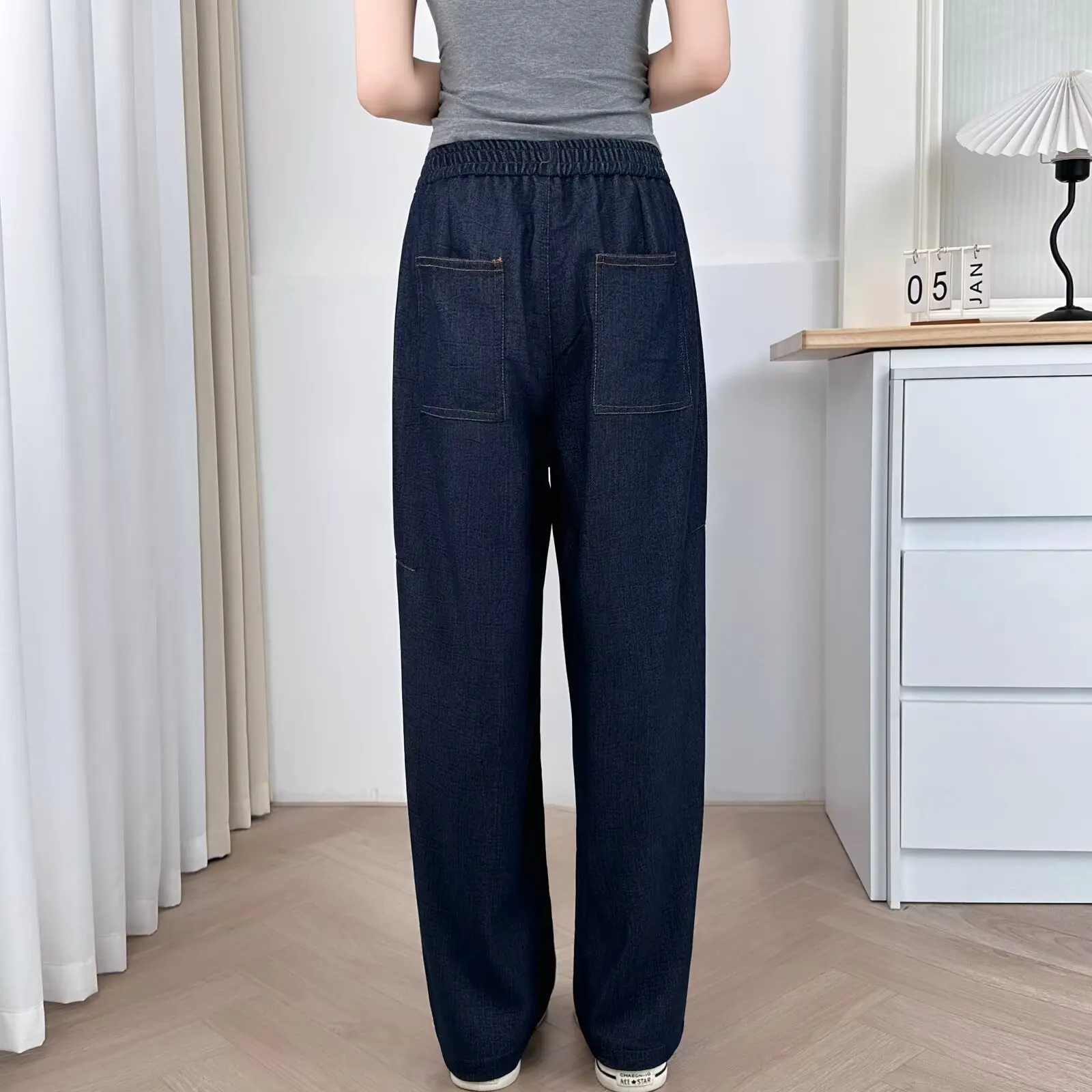 Plus Size Women's Jeans Autumn New Simple Elastic Waist Casual Denim Straight Leg Pants 665