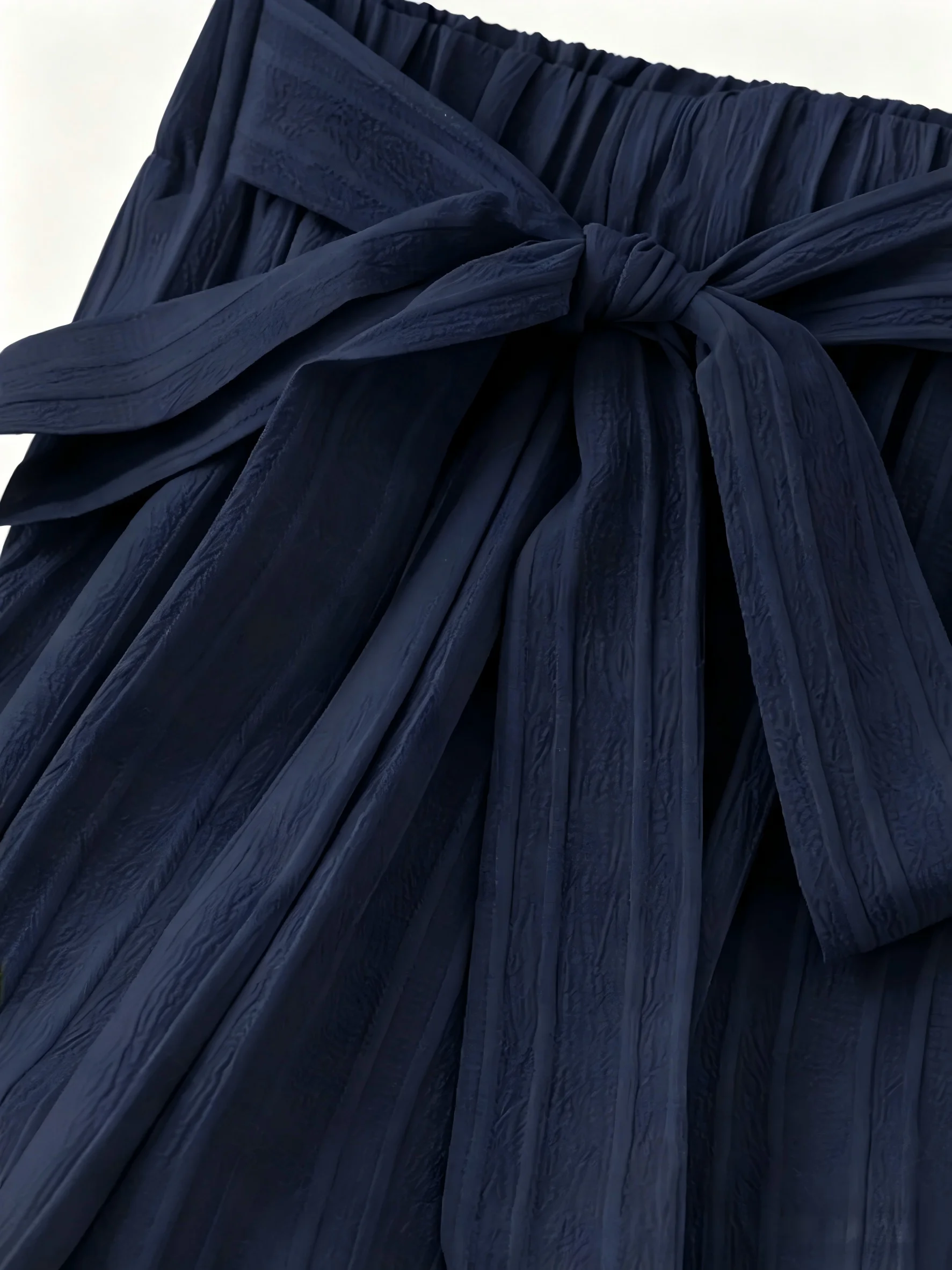 Navy Blue Women's High Waist Wide Leg Bow Tie Trousers - Textured Flowy Summer Pants
