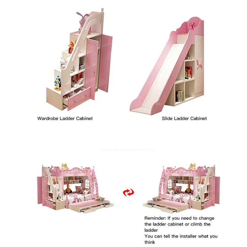 Lovely Girl Kids Princess Bunk Bed In Pink Solid Wood High And Low Adult Child Mother Multi-Functional Children's