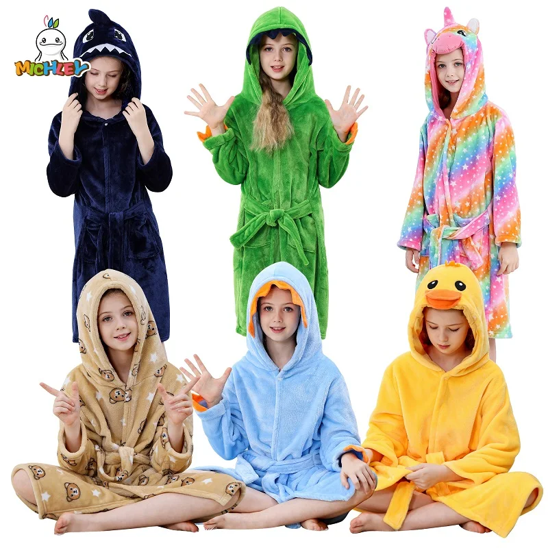 MICHLEY Halloween Cartoon Flannel Kids Bathrobe Bath Robe Pajamas Robe Children Hooded Sleepwear Clothes For Girls Boys 3Y-13Y