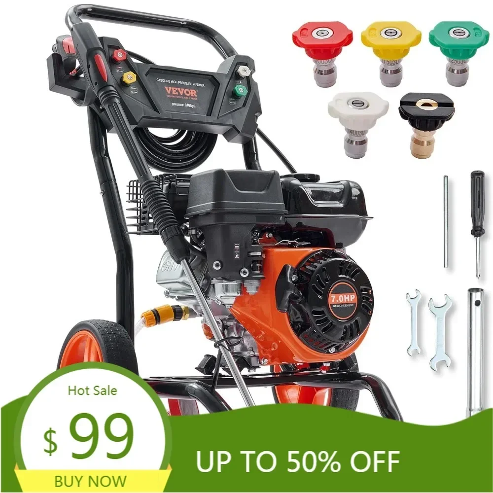 gas powered pressure washer 3400 psi 2.6 gpm, with spray gun and extension wand, 5 quick connect nozzles, copper pump