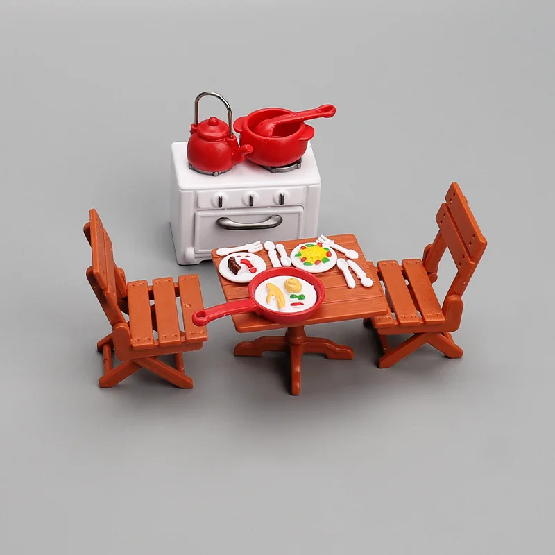 1:12 Miniature Kitchen Set Dollhouse Furniture With Table Chair Stove Realistic Food Play Accessories