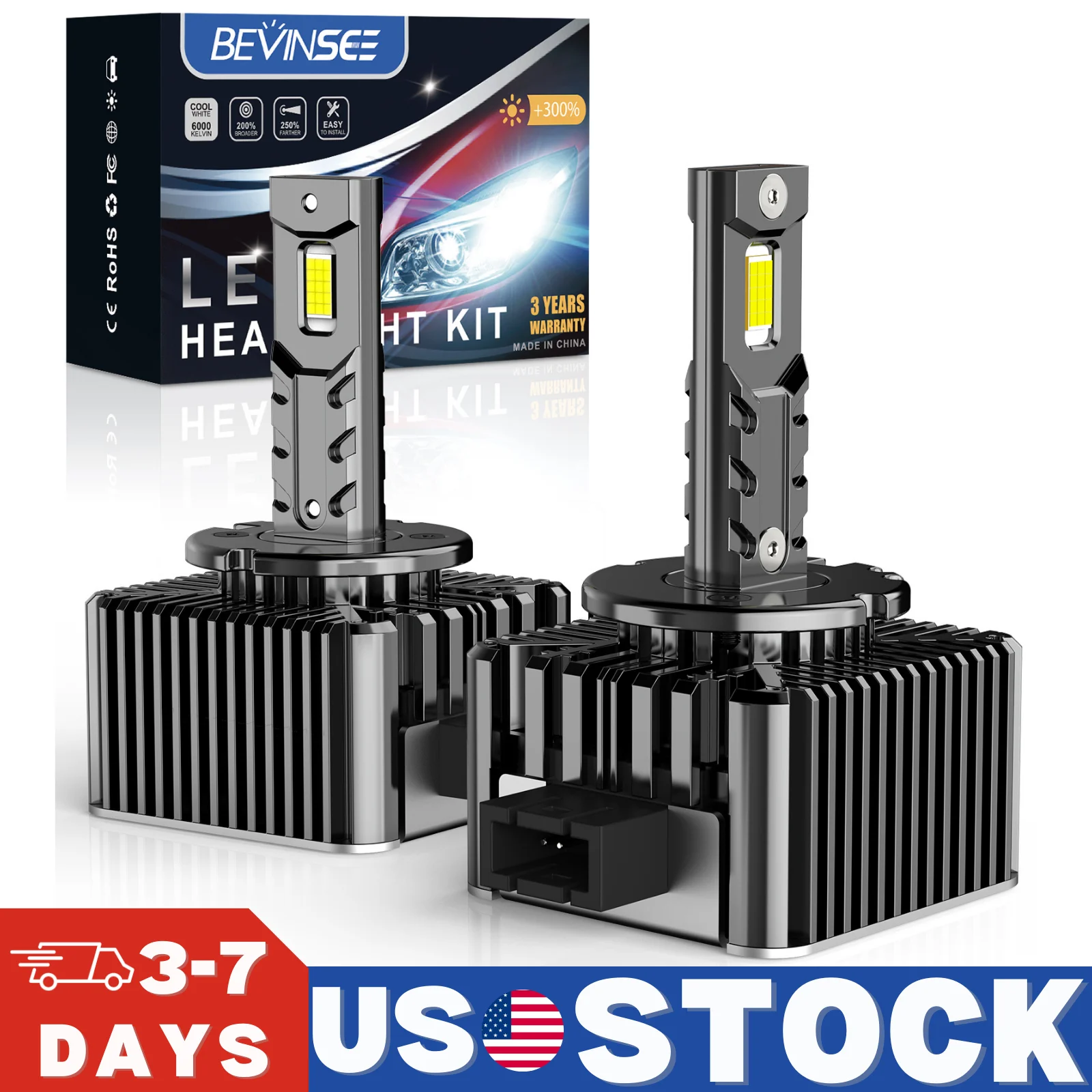 BEVINSEE D1S D3S LED Canbus D2S D1R D2R D3R LED Headlight Bulbs 35W 6000K 7000LM Auto Xenon Bulbs Replacement Plug&Play 12V