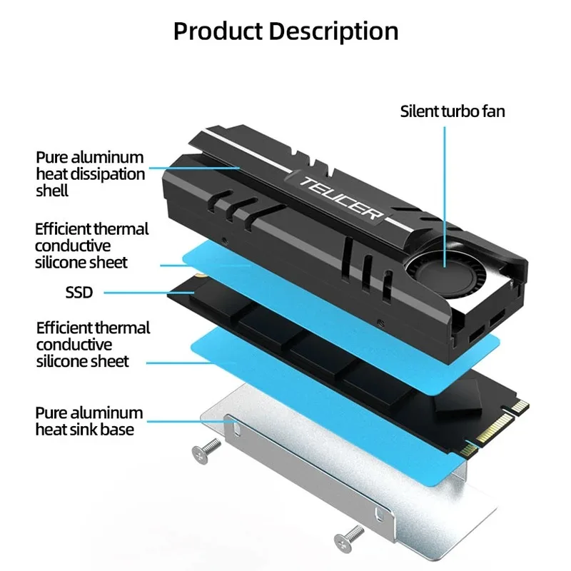 Teucer-nvme Radiador com Almofada Térmica do Silicone Dissipador 2280 Refrigerador da Circulação do ar pc Eficiente Ssd M.2 - Imagem 5
