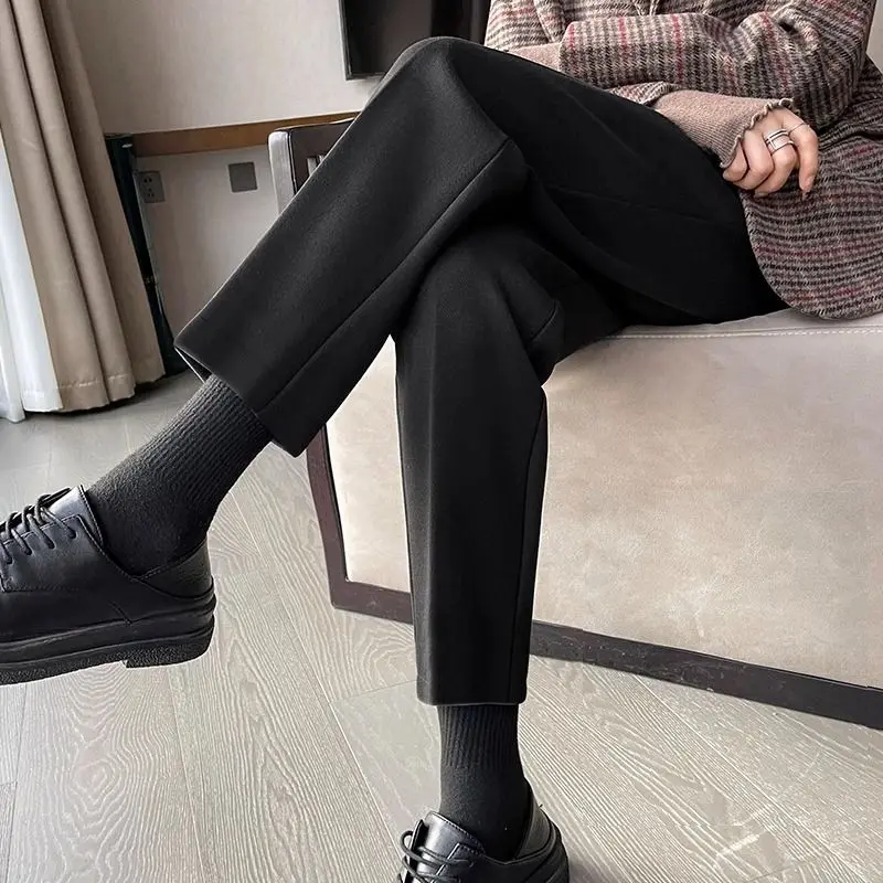 Semplicità Autunno Donna Pantaloni da abito in lana Tasche solide Bottoni Elastico a vita alta Pantaloni dritti alla caviglia addensati alla moda 5