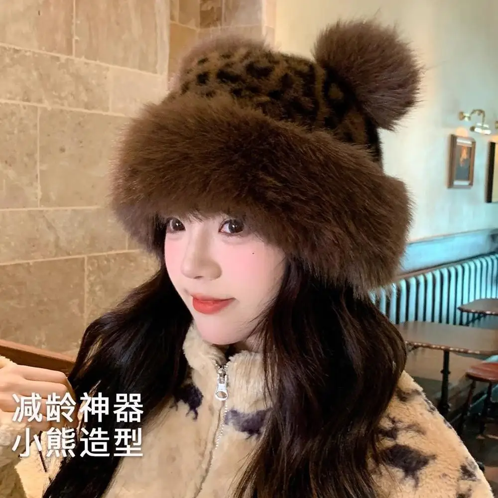 Retro Leopard Print Fur Hat Cute Fuzzy Bear Ear Beanie Hat Women Windproof Keep Warm Bucket Hats Winter Thicken Warm Russian Hat