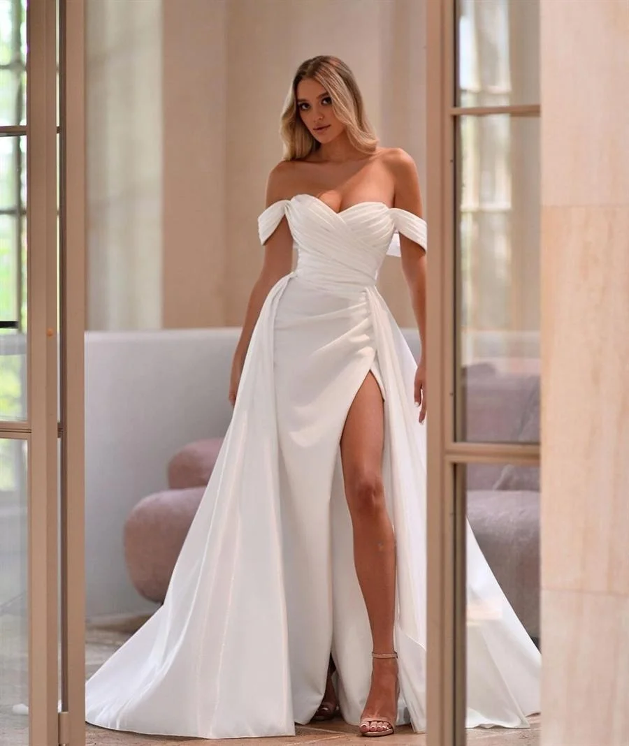 

Matte Satin Wedding Dress with High Slit Off-the-Shoulder Neckline Crisscross Ruched Bodice Customize To Measure Robe Mariee
