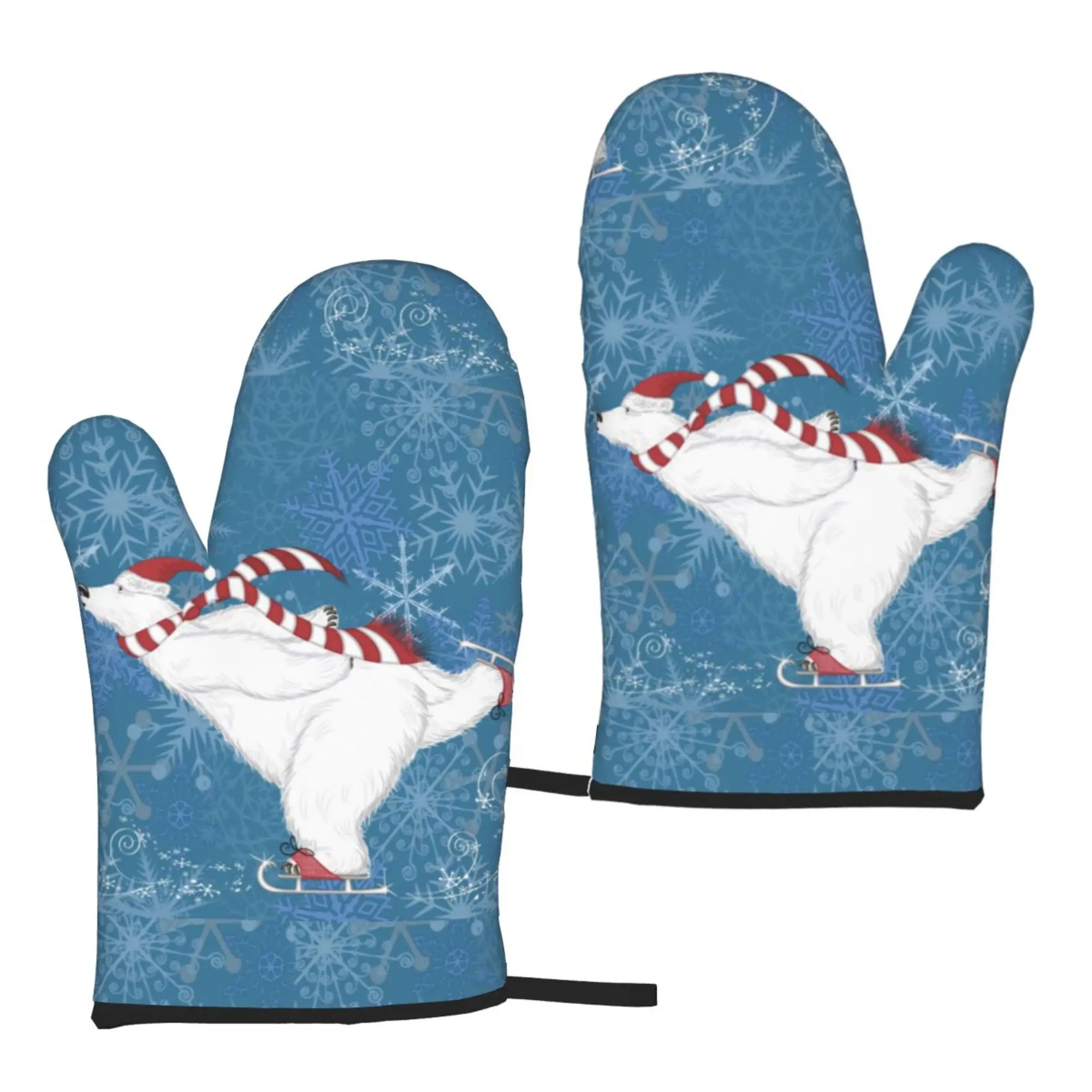 

Skating Polar Bear Cartoon Snowy Christmas Oven Mitts Microwave Gloves Non-Slip Kitchen Heat Resistant Hot Pads Cooking