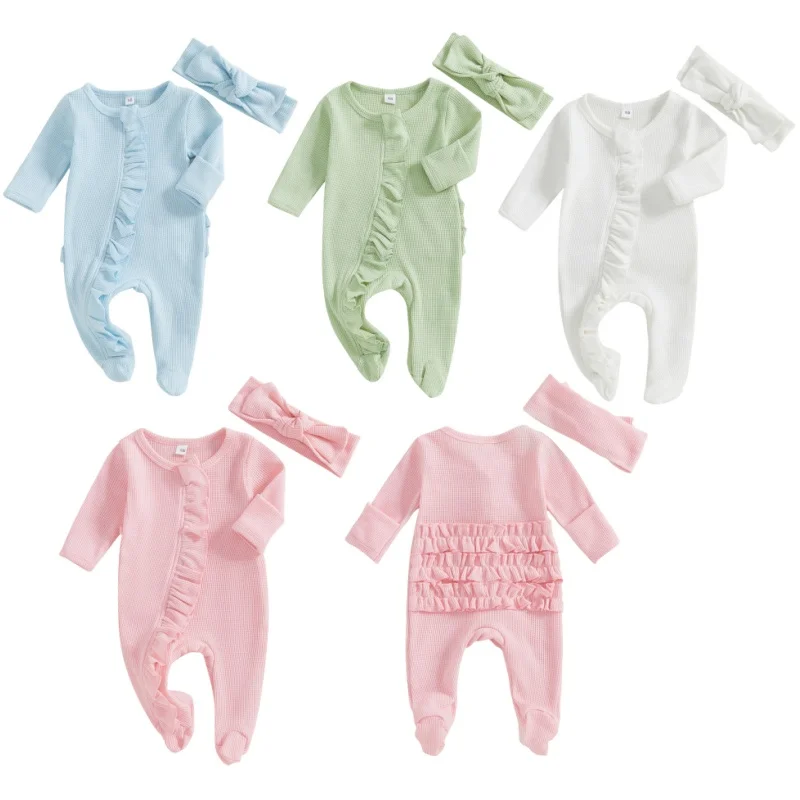 Baby Girl Fall Footies Outfits Ruffle Trim Long Sleeve Full Length Zipper Footed Romper Bow Headband