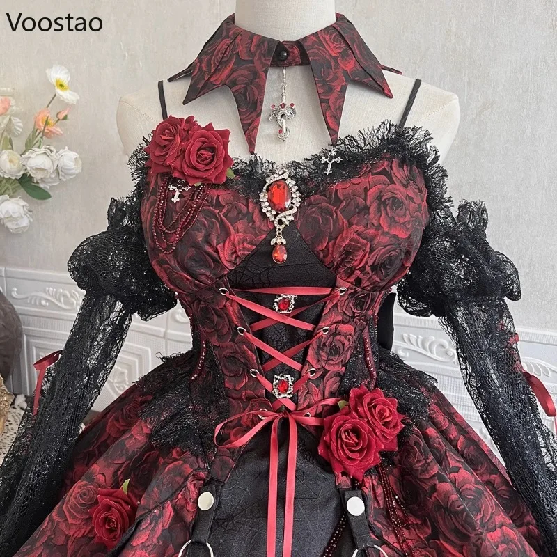 Victorian Elegant Lolita Dress Set Women Gothic Rose Flower Bandage Halloween Party Dress With Black Lace Sleeve Princess