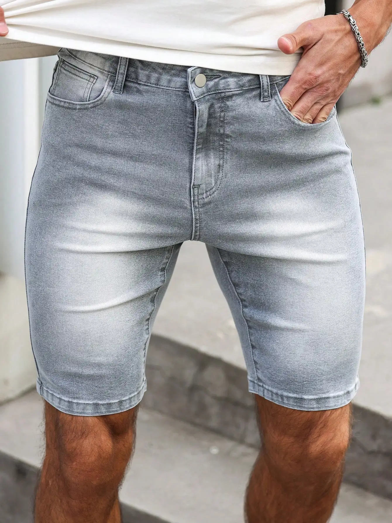 Men's Denim Shorts – Gray Skinny Fit, Knee Length Casual Summer Shorts