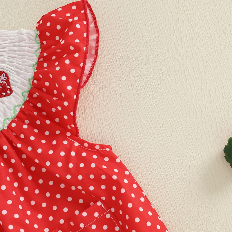 FOCUSNORM 0-24M Schöne Baby Mädchen Sommer Strampler Erdbeere Stickerei Polka Dot Print Gesmokt Rüschen Fliegen Sleeve Overall – Detail 7
