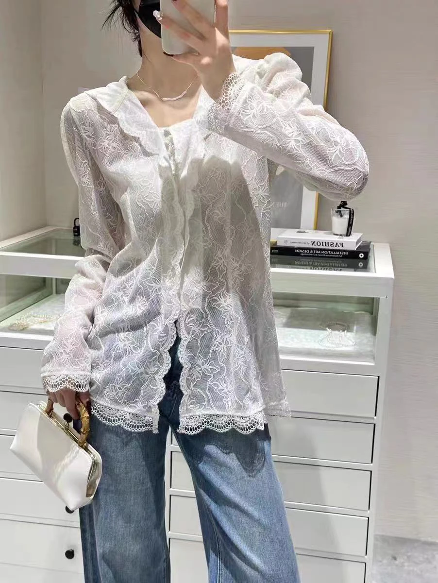 White Lace Blouse Women 2024 New Summer French Hollowed Jacquard Hooded Lightweight Sunscreen Women's Shirt Top