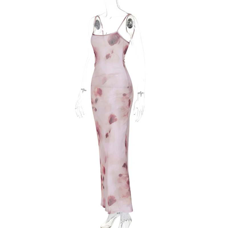 Summer Long Dress y2k Women Floral Print Square Neck Spaghetti Strap Sleeveless Bodycon Dress 2000s Club Party Dresses